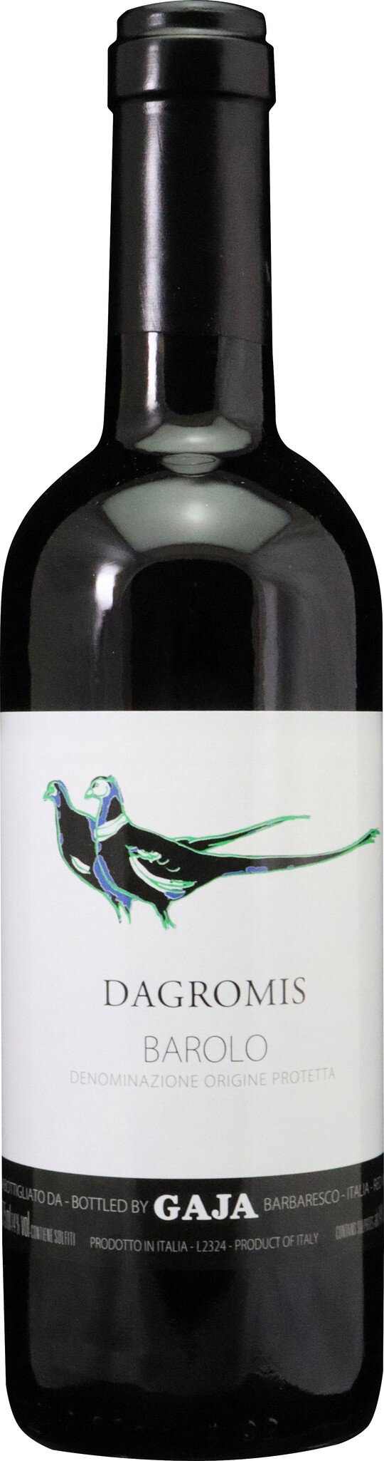 Eine Flasche Rotwein mit einer weißen Etikette. Darauf steht -DAGROMIS BAROLO- und ein stilisiertes Motiv von zwei Vögeln. Die Flasche ist aus dunklem Glas und hat einen schwarzen Korken.