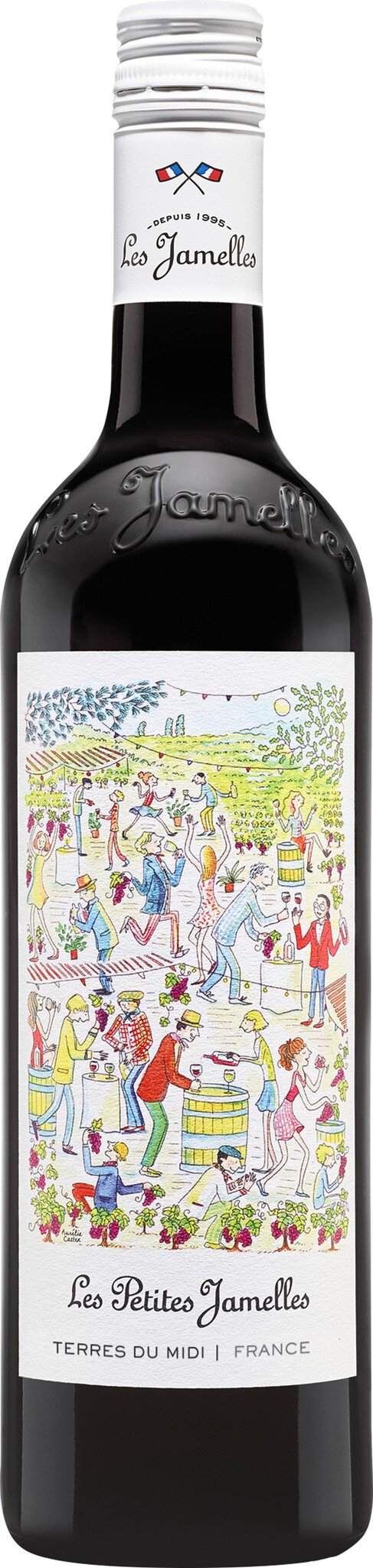 Eine Flasche Rotwein mit einem bunten, kunstvollen Etikett. Das Etikett zeigt eine Vielzahl von Farben und Mustern, während der Flaschenhals eine klare, transparente Form hat.