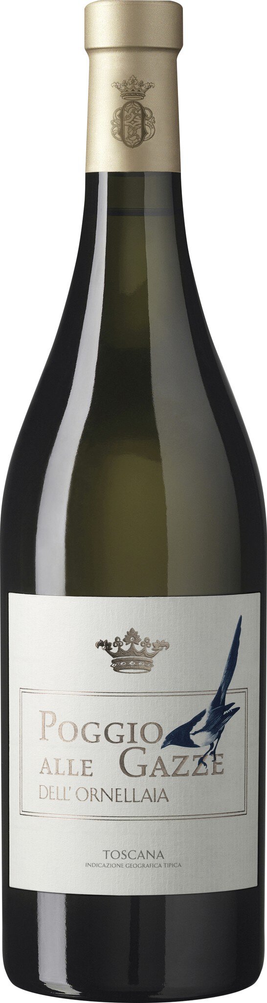 Ein Weinflasche steht aufrecht. Die Flasche hat eine elegante Form und ein Etikett mit einem hellen Hintergrund und einem geflügelten Motiv. Der obere Teil ist mit einem goldenen Schraubverschluss versehen.