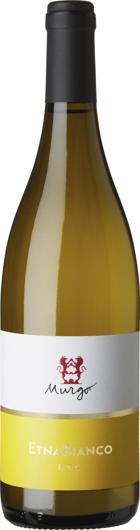 Eine Flasche Weißwein mit einem eleganten, schlanken Design steht alleine auf einem neutralen Hintergrund. Die Etikette zeigt ein minimalistisches Layout in Weiß mit einem gesprenkelten gelben Bereich.