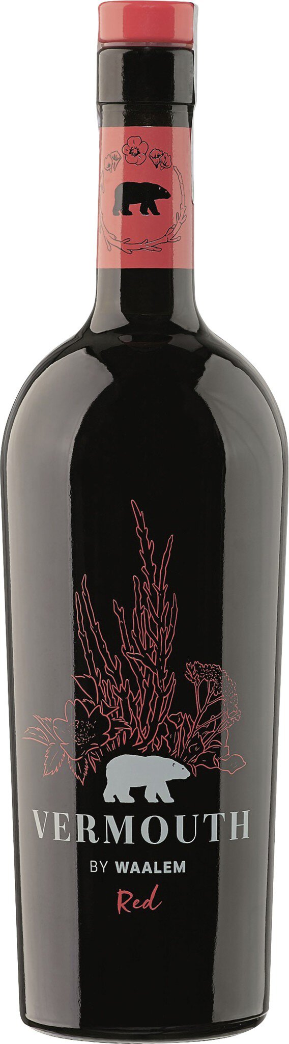 Eine dunkelrote Weinflasche mit schwarzem Etikett, rot gestreifter Kappe und goldener Schrift. Sie steht auf einem neutralen Hintergrund, der den Fokus auf die Flasche legt.