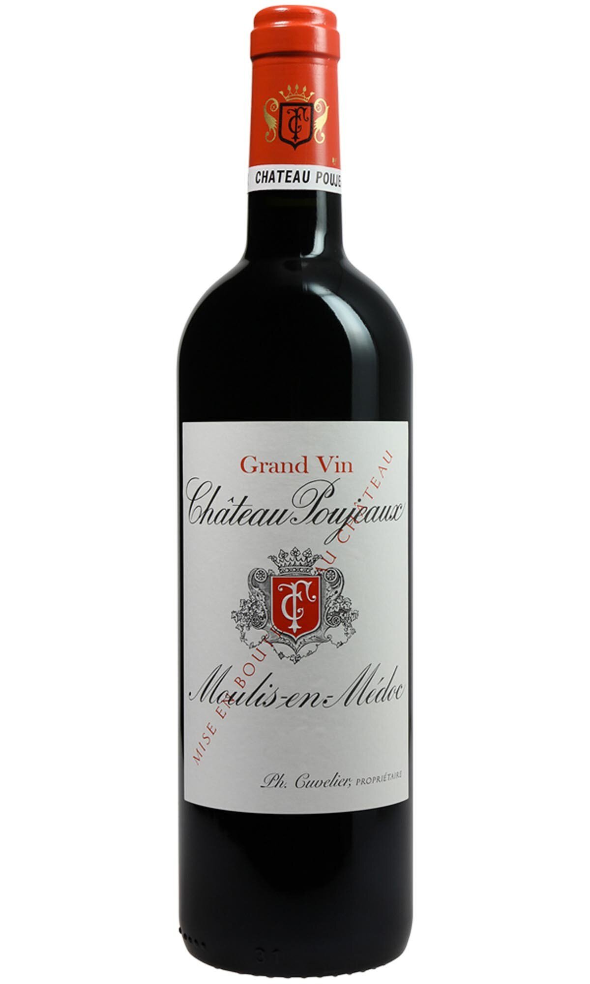 Eine Flasche Rotwein mit einem roten Korken. Das Etikett zeigt den Namen des Weins und das Logo des Herstellers. Die Flasche steht auf einer neutralen Oberfläche.