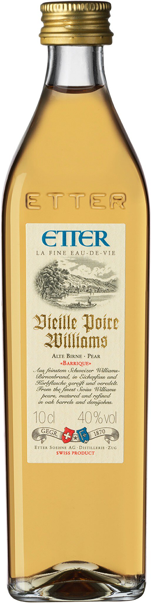 Eine schlanke Flasche mit goldenem Deckel enthält eine klare, goldene Flüssigkeit. Das Etikett zeigt den Namen der Spirituose sowie zusätzliche Informationen. Keine weiteren Elemente sind im Hintergrund sichtbar.