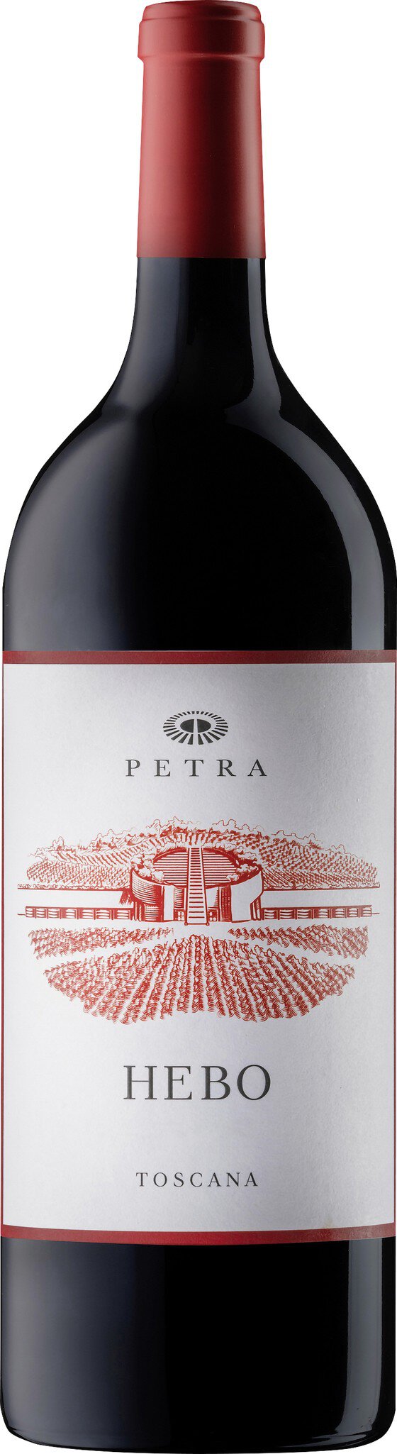 Eine Weinflasche steht auf einem neutralen Hintergrund. Die Flasche hat einen roten Korken, das Etikett zeigt den Namen des Weins und ein grafisches Design in Rot und Weiß.