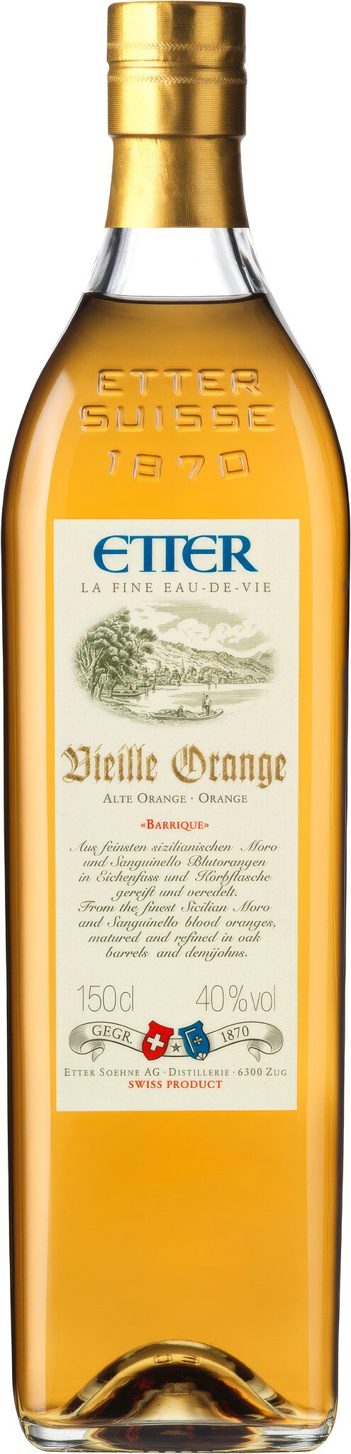 Eine Flasche mit goldener Kappe und einem gelblich-goldenen Inhalt. Das Etikett zeigt den Namen und Informationen über den Inhalt, wahrscheinlich ein alkoholisches Getränk.
