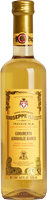 Eine Flasche mit goldenem Etikett und goldenem Verschluss. Die Flasche enthält eine klare, gelbliche Flüssigkeit. Auf dem Etikett sind Schriftzüge und eventuell ein Logo abgebildet.