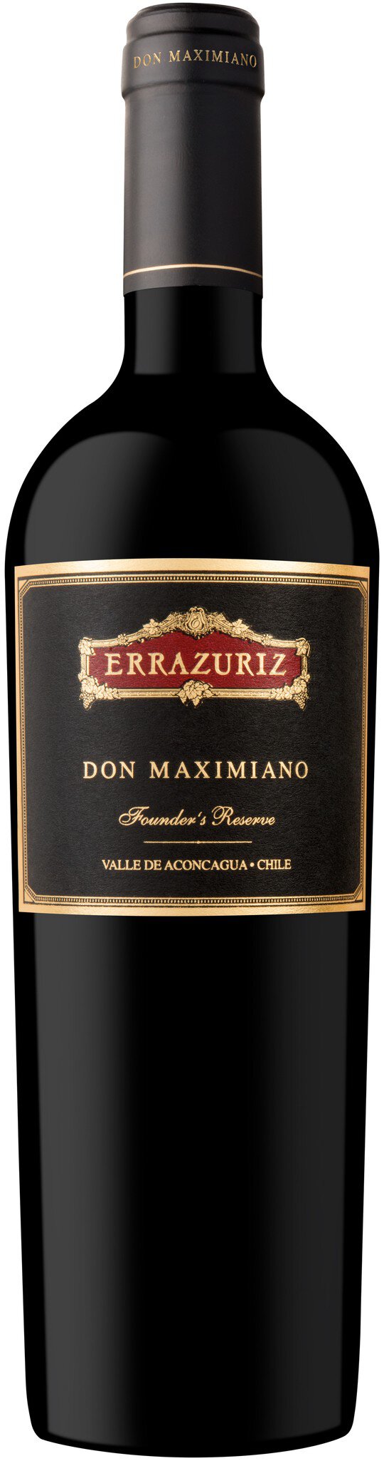 Eine elegante Flasche Rotwein steht auf einem neutralen Hintergrund. Die Flasche hat ein markantes Etikett mit Schriftzug und goldenen Akzenten, das für ein hochwertiges Produkt spricht.