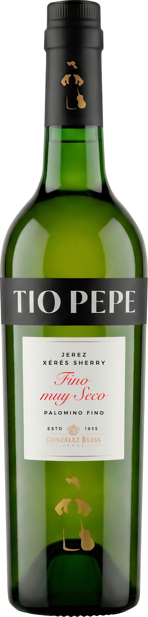 Eine grüne Glasflasche mit einem schwarzen Deckel, beschriftet mit einem Etikett, das den Namen des Produkts nennt. Die Flasche enthält Likör oder Wein und steht vor neutralem Hintergrund.