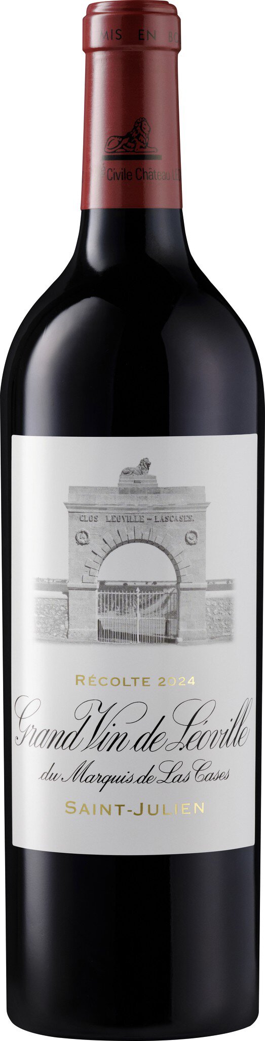 Eine Flasche Rotwein steht auf einem weißen Hintergrund. Die Flasche hat einen schwarzen und weißen Etikett mit Schriftzug, der Informationen über den Wein gibt.