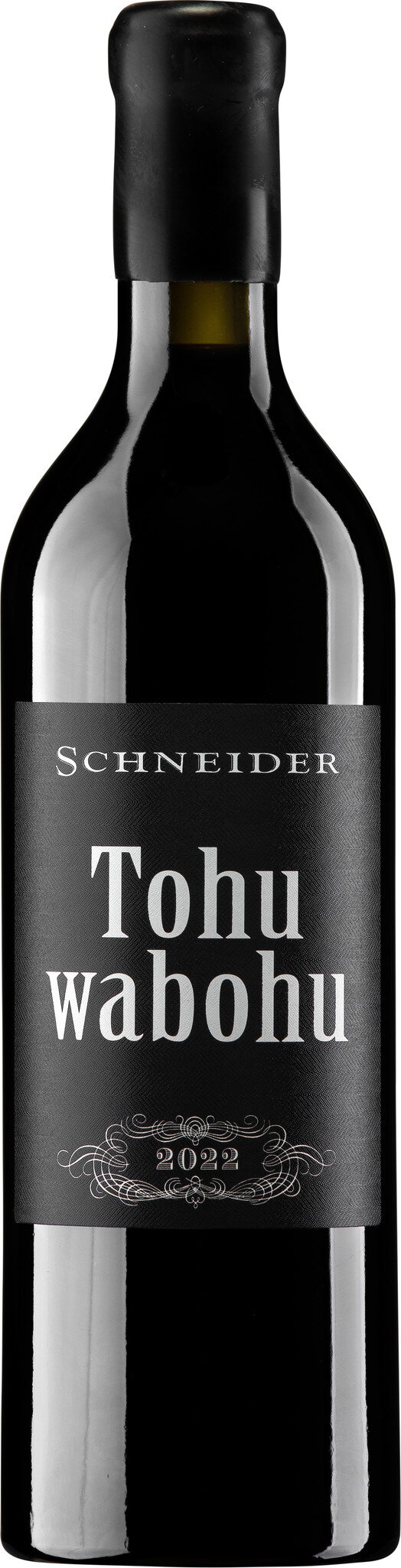 Eine Weinflasche mit einem schwarzen Etikett, auf dem -Tohu Wāhero- steht. Die Flasche hat eine schlanke Form und befindet sich vor einem neutralen Hintergrund.