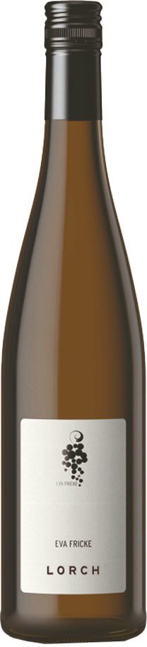 Eine Weinflasche mit einer klaren, schlanken Form und einem schwarzen Schraubverschluss. Das Etikett zeigt den Namen -EVA FRICKE- und -LORCH- sowie ein grafisches Traubenmotiv.