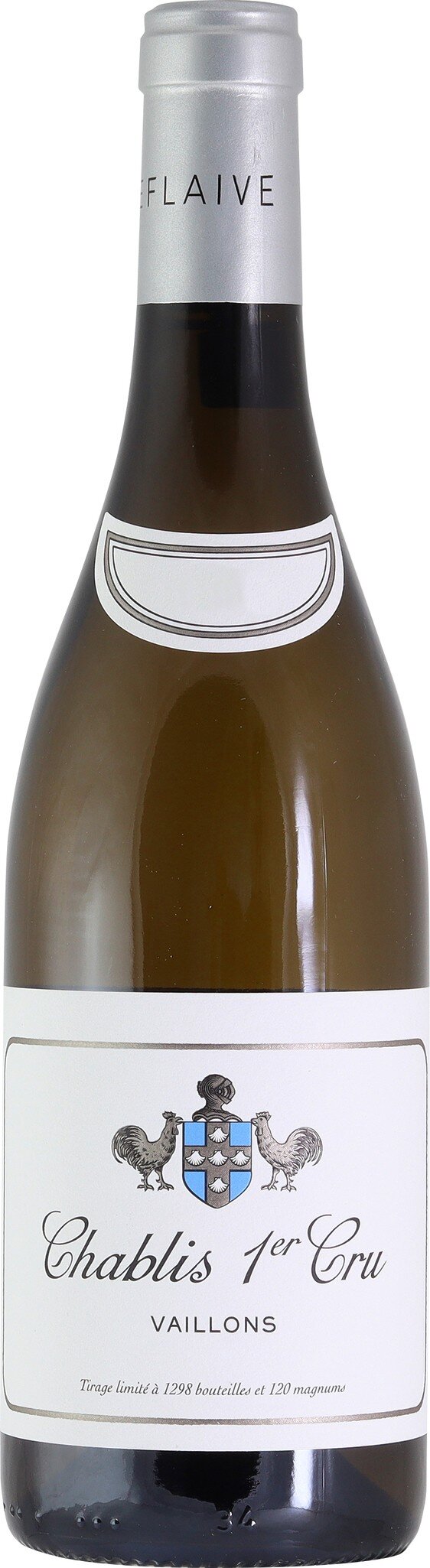 Eine Flasche Wein steht aufrecht. Der Wein hat eine helle, goldene Farbe. Der Etikett zeigt eine einfache, elegante Gestaltung mit einer floralen Illustration und Informationen über den Wein.