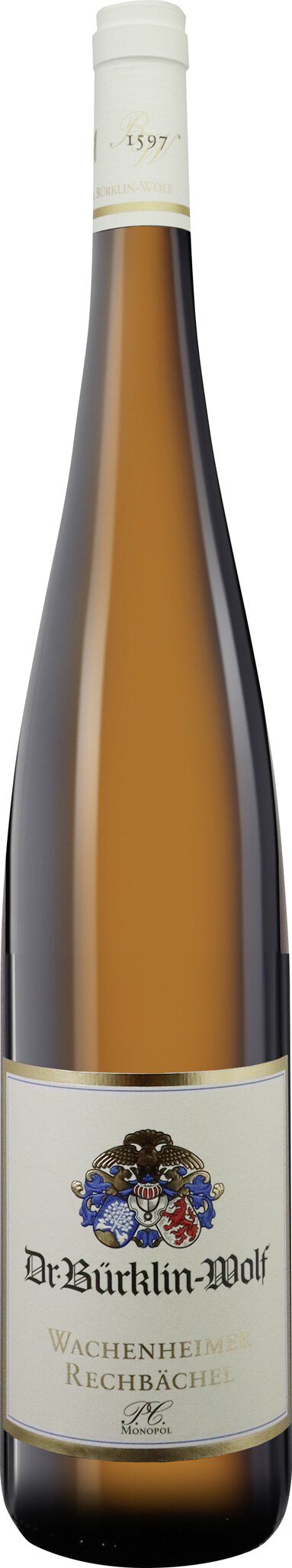 Eine Weinflasche mit schmalem, langer Hals und eleganter Etikettengestaltung. Der Wein scheint hellgolden zu sein und steht vor einem neutralen Hintergrund.