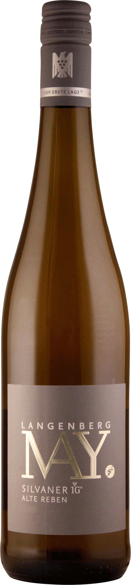 Eine Flasche Wein steht aufrecht. Der Wein hat eine helle Farbe und die Etikette zeigt den Namen des Weins sowie Informationen über den Hersteller. Der Hintergrund ist neutral gehalten.