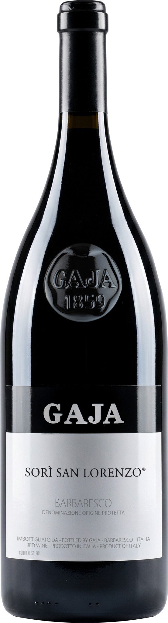 Eine elegante, schwarze Weinflasche mit der Aufschrift -Gaja- in Silber. Sie ist hoch und schlank, mit einem hochwertigen Etikett, welches eine edle Präsentation suggeriert.