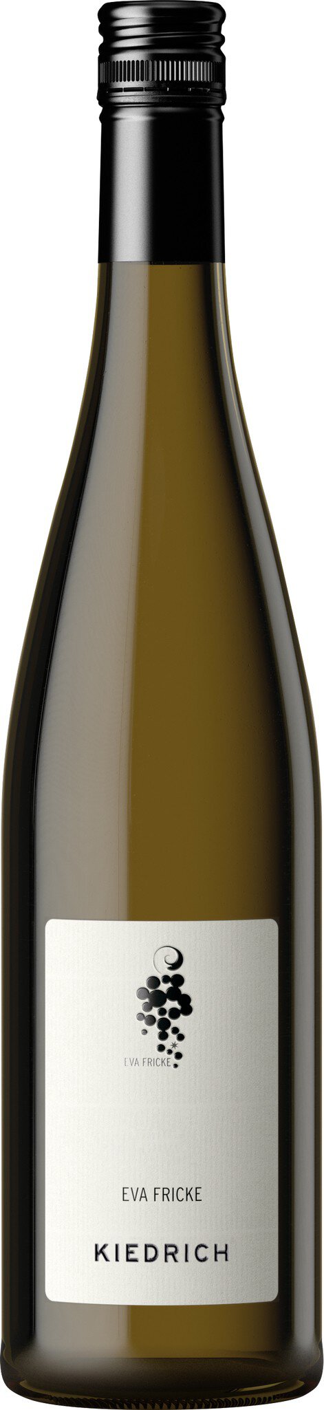 Eine Weinflasche mit einem schlanken, länglichen Glasdesign. Der Deckel ist schwarz und der Etikett zeigt den Schriftzug -EVA FRICKE KIEDRICH- sowie ein stilisiertes Traubenmotiv.