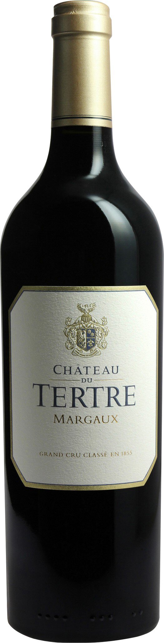 Eine Weinflasche mit schwarzer und goldfarbener Etikette steht aufrecht. Die Flasche hat einen schmalen Hals und eine goldene Kapsel. Der Hintergrund ist einfarbig.