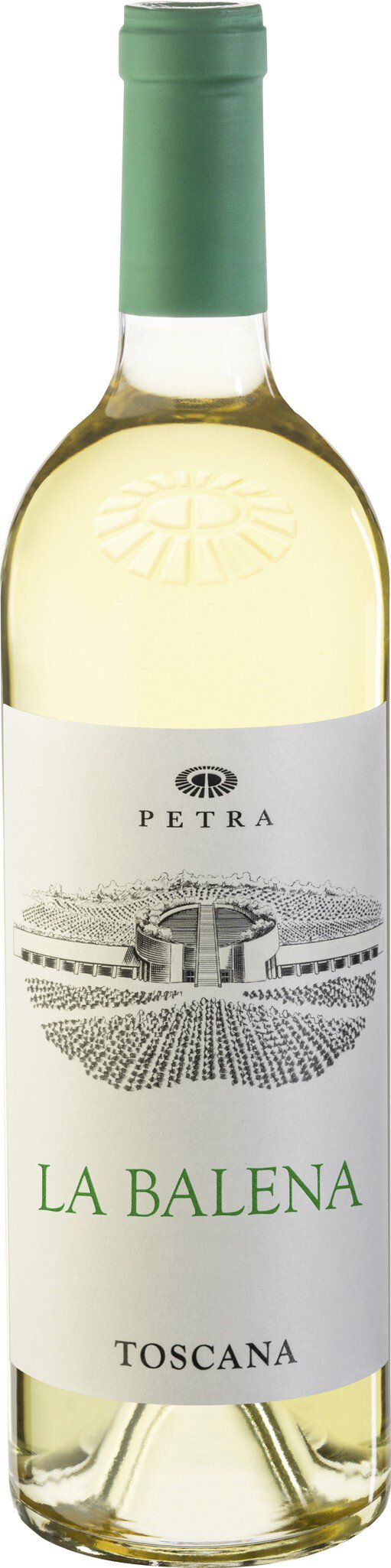 Eine Flasche Weißwein steht aufrecht. Die Flasche hat einen schlanken, transparenten Körper und eine grüne Kappe. Das Etikett zeigt Informationen zur Weinmarke, einschließlich des Namens und der Herkunft.