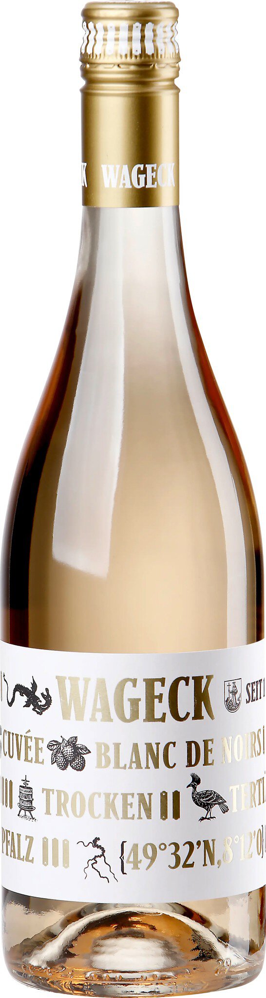 Eine Flasche Roséwein steht aufrecht, mit einem eleganten, transparenten Design. Die Etikette ist deutlich sichtbar und zeigt den Namen des Weins sowie möglicherweise das Jahr.
