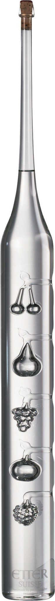 Eine lange, schlanke Flasche aus transparentem Glas zeigt gravierte Symbole von Trauben und Obstsorten entlang der Seite, mit einem Korkenverschluss oben.