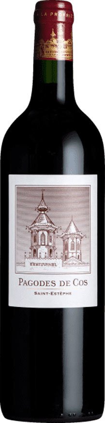 Eine Flasche Rotwein mit einem etiket, das eine stilisierte Zeichnung von zwei Pagoden zeigt. Das Etikett trägt den Namen -Pagodes de Cos- und die Herkunft -Saint-Estèphe-.