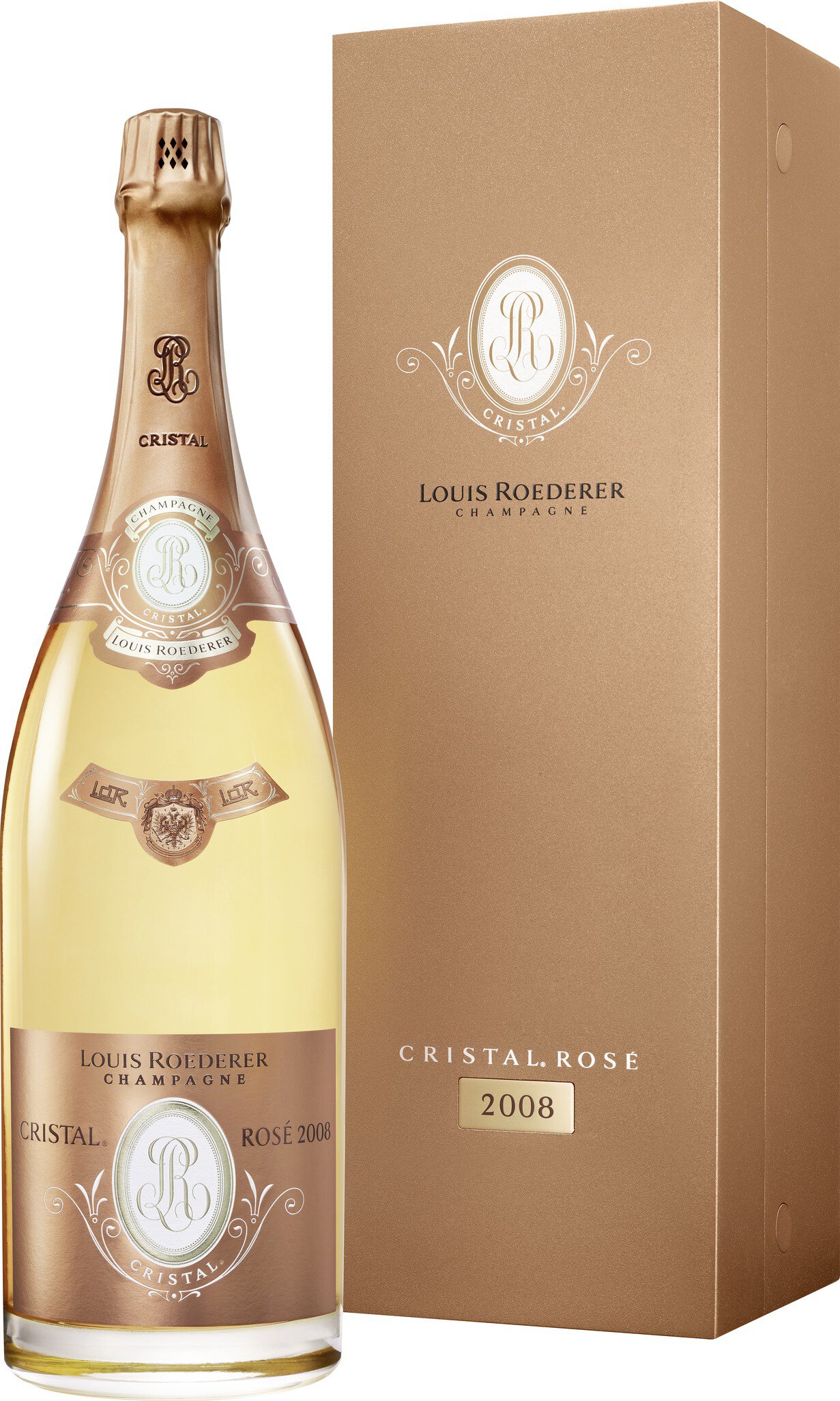 Eine große, eleganten Flasche Sekt steht neben einer goldenen Verpackung. Die Flasche hat eine helle Farbe mit einem stilvollen Etikett, das die Marke hervorhebt.