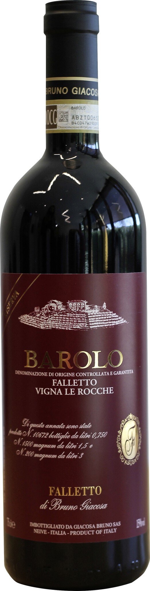 Eine Weinflasche mit dunklem, glänzendem Glas. Das Etikett ist rot mit goldenen und weißen Schriftzügen, die den Wein -Barolo- und den Produzenten -Bruno Giacosa- angeben.