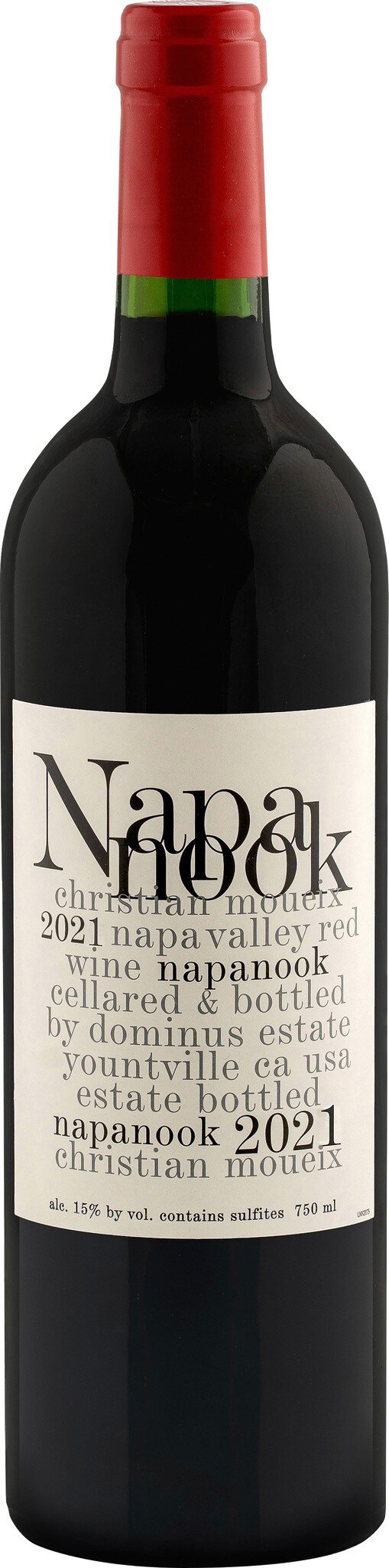 Eine Flasche Rotwein mit einem roten Korken und einem etikettierten Etikett. Das Etikett enthält Informationen zum Wein, einschließlich Name und Jahrgang, und ist in neutralen Farben gehalten.