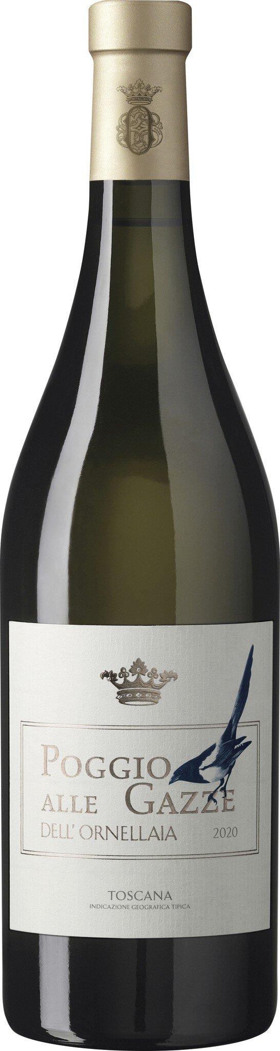 Eine Flasche Weißwein steht aufrecht. Der Flaschenhals ist goldfarben, und das Etikett zeigt eine elegante Schnecke. Der Hintergrund ist neutral und hebt die Flasche hervor.