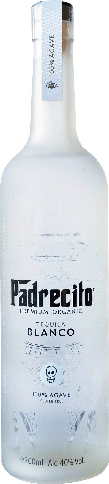 Ein klarer Wodkaflasche mit weißem Etikett und schwarzer Schrift steht im Vordergrund. Die Flasche hat eine schlanke, moderne Form und ist vollständig transparent.