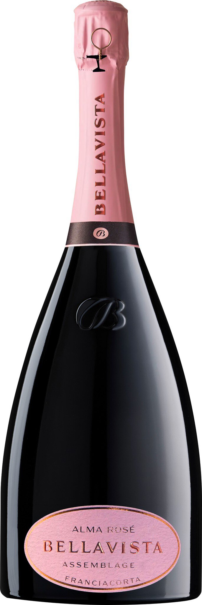 Eine elegante Flasche Rosé-Sekt mit schwarzem Körper und einem rosafarbenen Etikett. Der Flaschenkörper ist schlank und hoch, mit einem langen, rosafarbenen Korken.