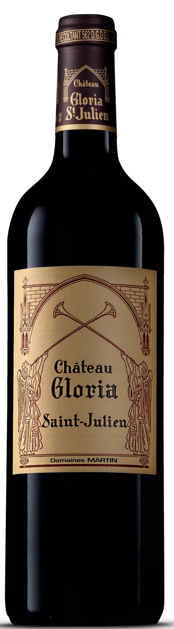Eine Flasche Rotwein mit einem braunen Etikett und goldenen Schriftzügen. Der Korpus der Flasche ist schlank und die Kapsel an der Oberseite ist dunkel.