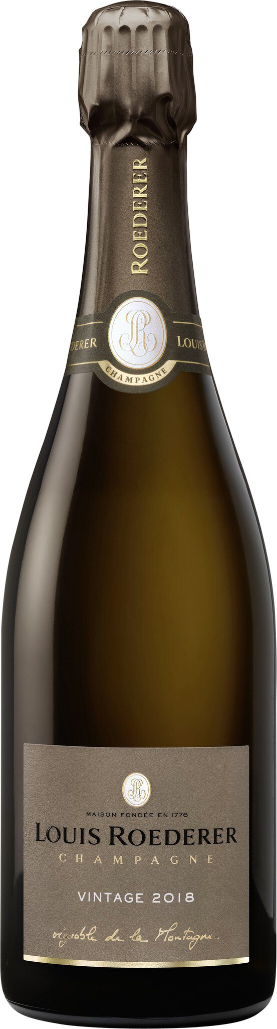 Eine Flasche Sekt steht aufrecht mit einem langen Hals und einem Korkenverschluss. Das Etikett zeigt Informationen über den Sekt. Die Farbgebung ist elegant und edel.