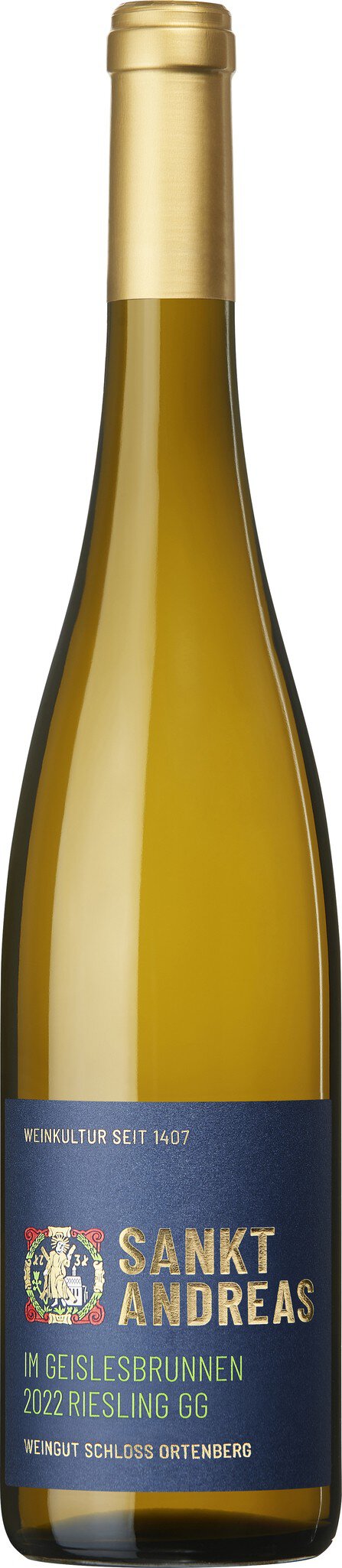 Eine Weinflasche steht aufrecht. Sie hat einen hellen, goldenen Inhalt und ein etikettiertes Design mit dunklem Hintergrund. Die Flasche hat einen langen Hals und eine schlichte Form.