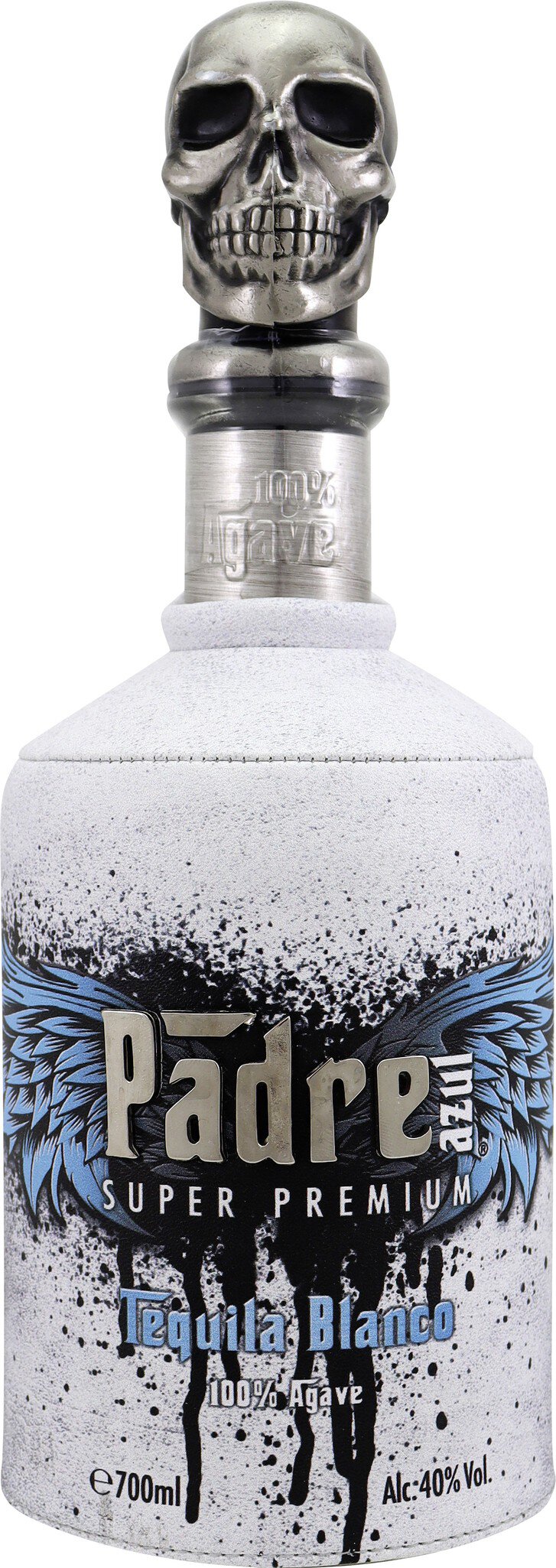 Eine Flasche Tequila mit einem kreativen Korken in Form eines Schädels. Die Flasche hat eine weiße, strukturierte Oberfläche und trägt aufgedruckte Informationen über 100% Agave und den Alkoholgehalt.