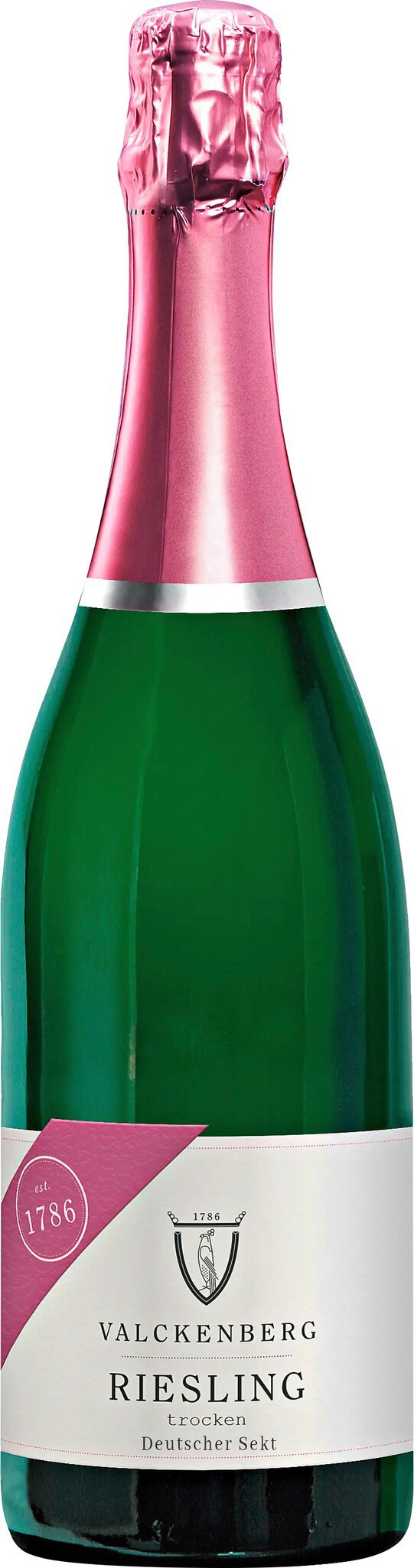 Eine grüne Sektflasche mit einem pinken Korkenverschluss. Am Flaschenetikett ist ein elegantes Design erkennbar, das auf eine spezielle Sorte oder Marke hinweist.