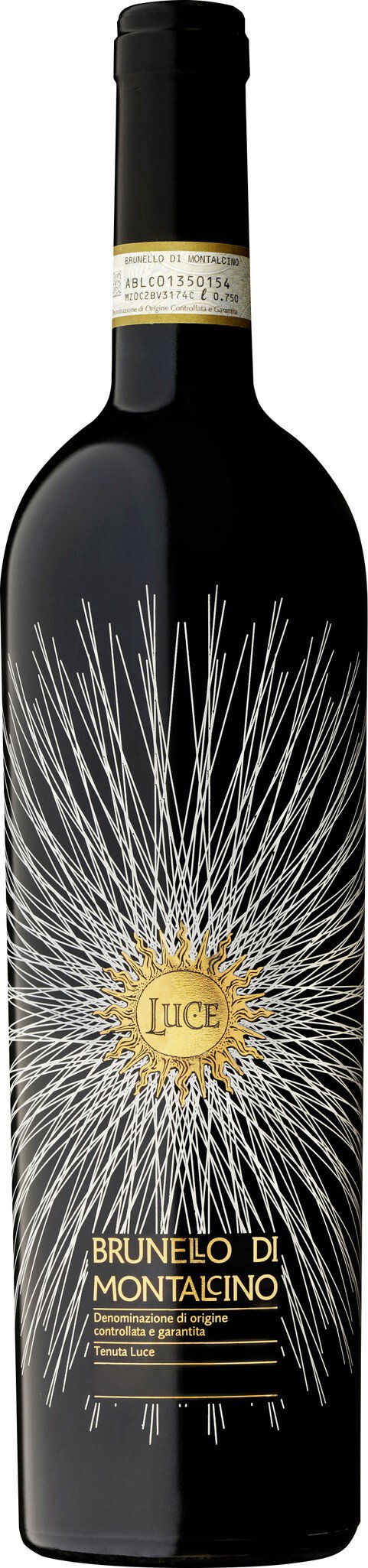 Eine schwarze Weinflasche mit goldenen und weißen Strahlenmustern. Oben ist ein schwarzer Korken sichtbar. Der Hintergrund ist neutral und hebt die Flasche hervor.