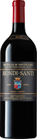 Eine Weinflasche mit schwarzem Etikett und rotem Kapselverschluss. Auf dem Etikett steht -Brunello di Montalcino-, sowie der Jahrgang -2018- und der Name -Biondi-Santi-.