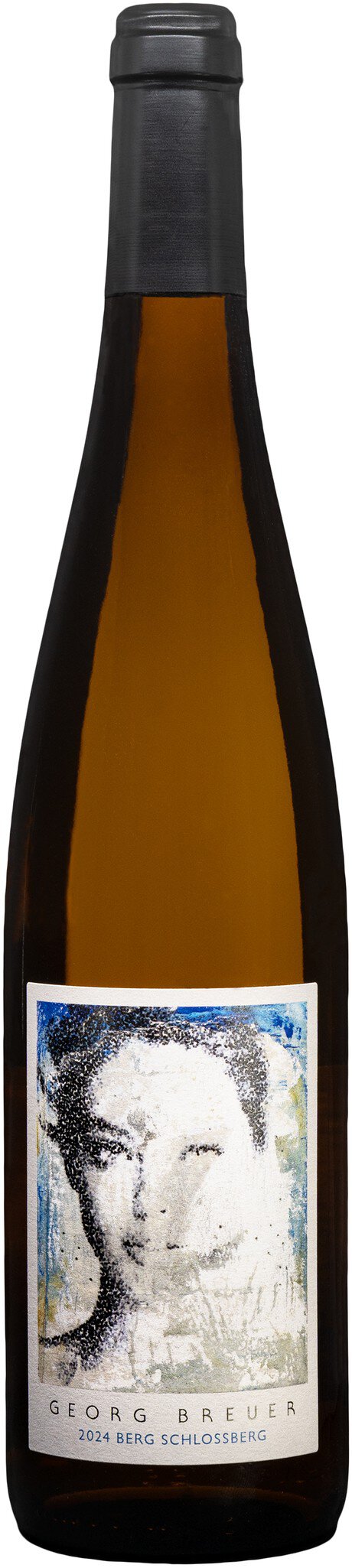 Eine Flasche Wein mit einem schmalen, langen Körper. Das Etikett zeigt ein Gesicht in Schwarz-Weiß. Der Wein hat eine goldene bis strohgelbe Farbe.