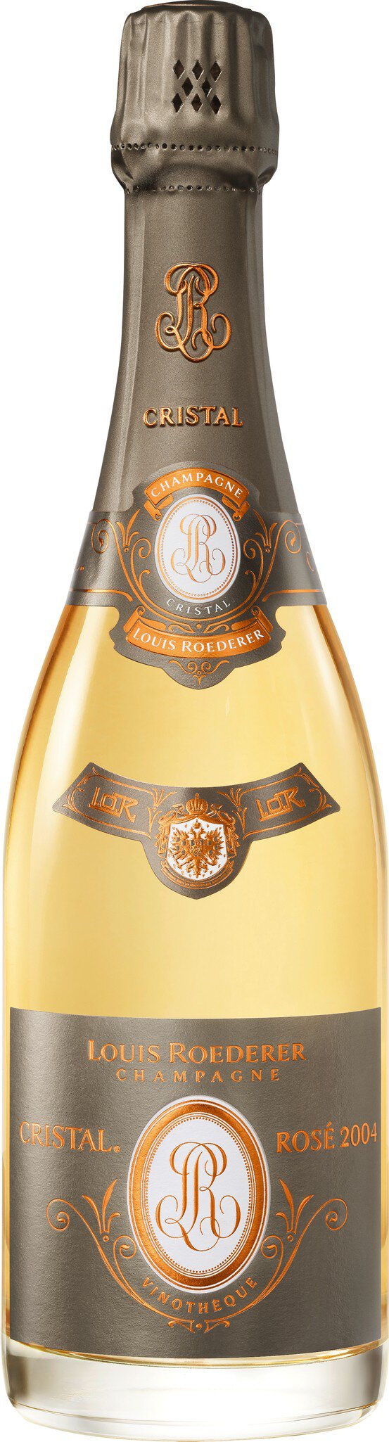 Eine Flasche Champagner steht neben einer eleganten, braunen Geschenkverpackung. Die Flasche hat eine goldene Farbe und ein dekoratives Etikett, das den exklusiven Charakter des Inhalts vermittelt.