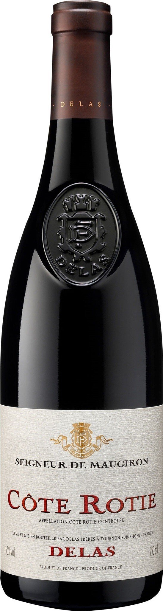 Eine Weinflasche mit einem schmalen, dunklen Glas und einem Holzverschluss. Das Etikett zeigt den Namen des Weins und eine Qualitätskennzeichnung, alles in eleganter Schrift.