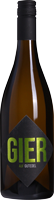 Eine Weinflasche mit einem runden, braunen Glasdesign. Das Etikett zeigt den Schriftzug -GIER- in grüner Schrift und -AUF GUTEDEL- in kleinerer, weißer Schrift auf einem schwarzen Hintergrund.