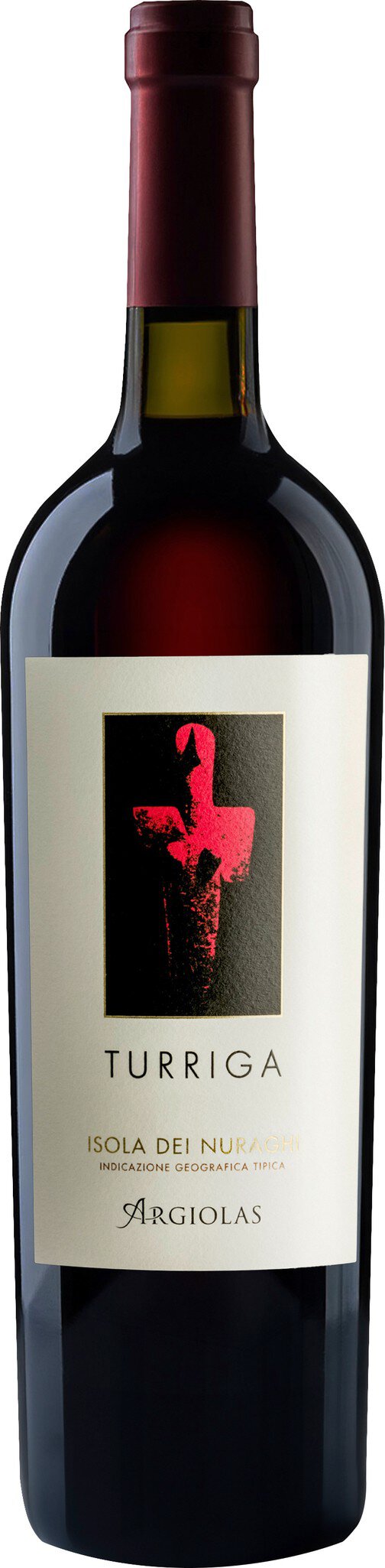 Eine Flasche Rotwein steht aufrecht. Die Etikette zeigt ein stilisiertes rotes Logo und den Namen des Weins. Der Hintergrund ist neutral und hebt die elegante Präsentation hervor.