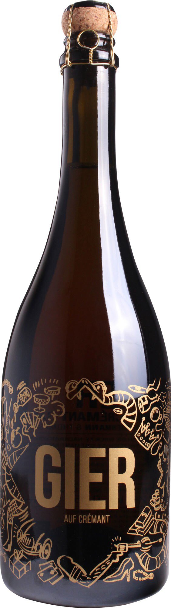 Eine Flasche Sekt mit einem dunklen, glänzenden Glas. Der Korken ist mit Draht gesichert. Auf der Flasche sind goldene Schriftzüge und verspielte Illustrationen zu sehen, die verschiedene Gegenstände darstellen.