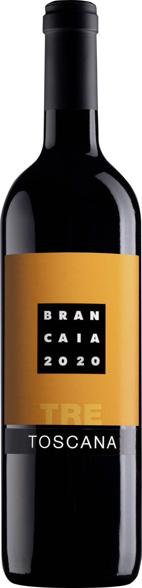 Eine Weinflasche mit schwarzem Körper und einem etikettierten goldenen Bereich in der Mitte. Die Etikette zeigt ein stilisiertes Design, möglicherweise mit einem Logo.