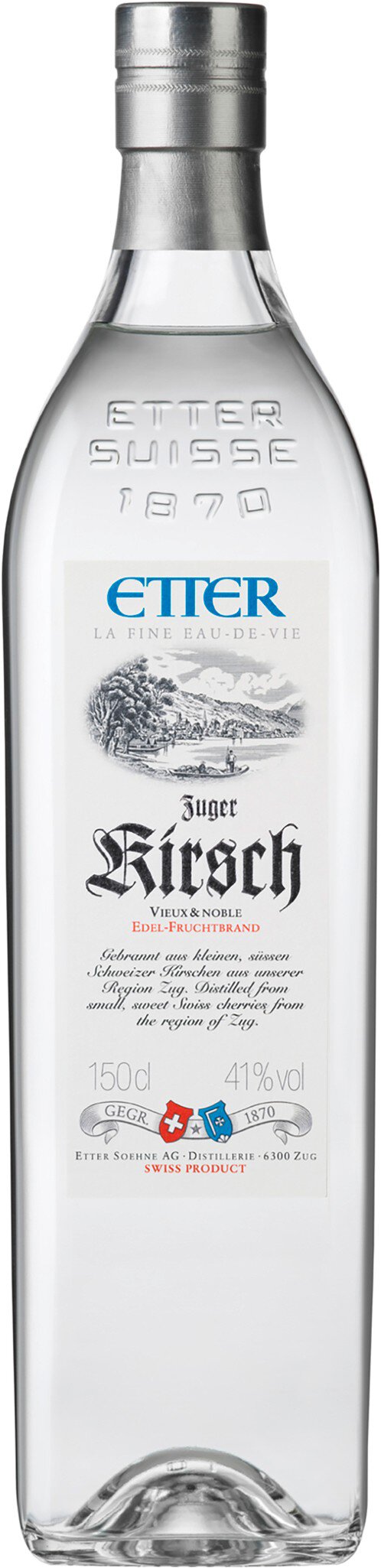 Eine klare Flasche mit einem silbernen Schraubverschluss. Die Flasche trägt ein Etikett mit dem Schriftzug -Tequila- und Details zu Herkunft und Qualität. Der Hintergrund ist neutral.