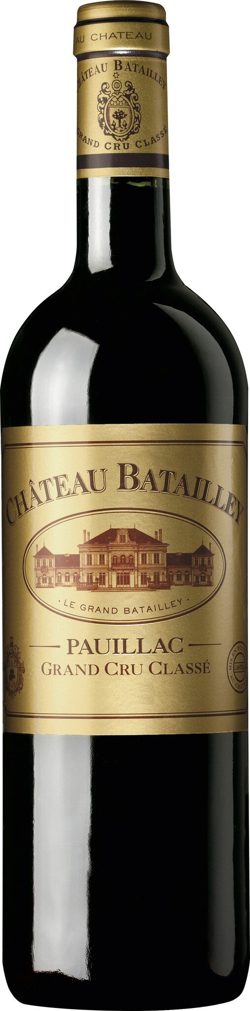 Eine Flasche Rotwein mit einem goldenen Etikett. Darauf steht -Château Batailley- und -Pauillac Grand Cru Classé-. Im Hintergrund ist eine stilisierte Darstellung eines Schlosses zu sehen.