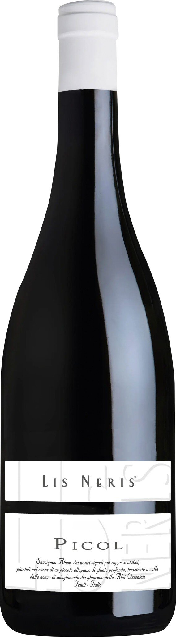 Eine Weinflasche mit schlanker, schwarzer Form und einem weißen Etikett. Der Wein ist vermutlich rot, mit einem Aluminium-Verschluss. Hintergrund neutral und unauffällig.