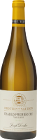 Ein weißer Weinvon einer Flasche mit einem hellen, eleganten Etikett. Der Flaschenhals hat einen goldenen Schraubverschluss und die Flasche ist vor einem weißen Hintergrund platziert.