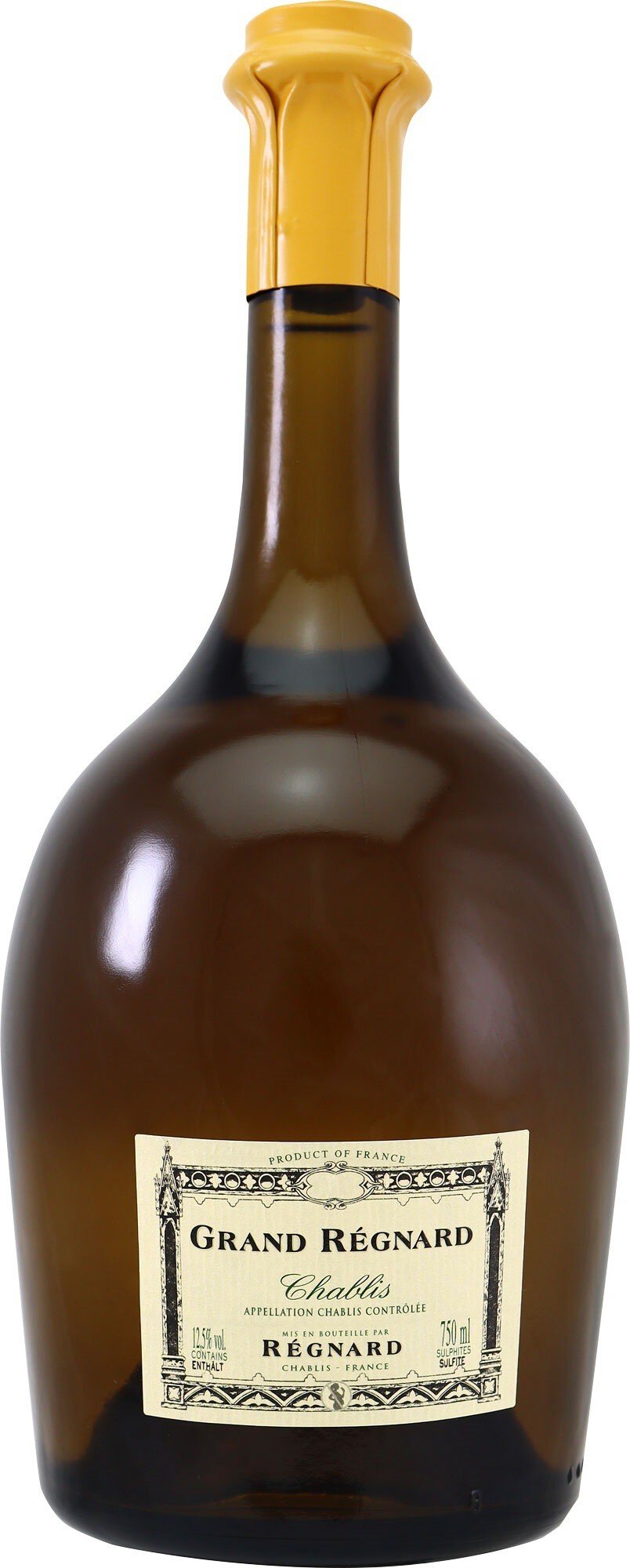 Eine braune, bauchige Flasche mit einem gelben Korken. Das Etikett enthält Schriftzüge, vermutlich Informationen zum Inhalt. Die Flasche steht auf einem neutralen Hintergrund.